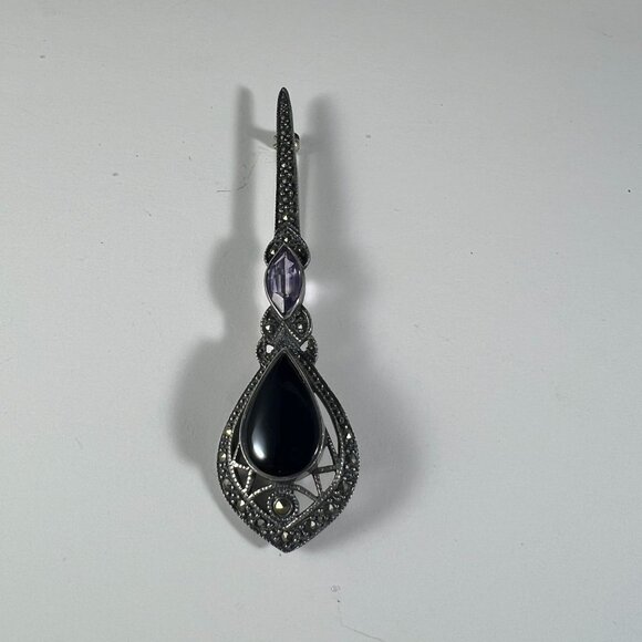 Jewelry - Vintage 925 Sterling Silver Drop Earrings With Black Onyx & Amethyst Gemstones